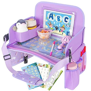 MENZOKE Car Seat Tray for Kids Travel, Kids Travel Tray with Educational Drawing Board, Tablet Holder & Cooler Cup Holder, Holiday Gifts for Car Trip, Purple - Image 1