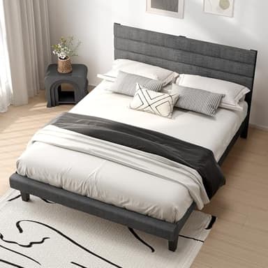 VINGLI Platform Bed Frame Queen Size with Linen Fabric Headboard,Modern Panel Low Profile Bed with Upholstered & Sturdy Slats Support for Bedroom, Mattress Foundation, Dark Gray - Image 4