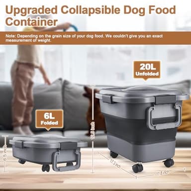 Dog Food Storage Container, 10-20 lbs Airtight Collapsible Cat Food Storage Container with Attachable Wheels, Portable Handle, Dog Food Scoop for Dog Cat Bird Pet Dry Food Storage Bin Dark Grey - Image 2