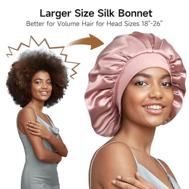 22 Momme 100% Real Mulberry Silk Bonnet for Sleeping Women, Large Hair Care Bonnet for Long Curly Hair, Double Layer Silk Wrap with Soft Elastic Band, Non-Slip Sleep Cap, Pink - Image 4