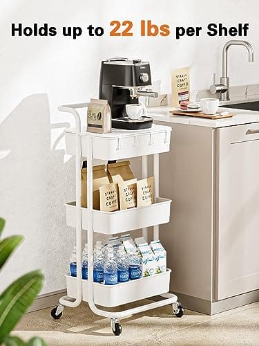 Pipishell 3 Tier Rolling Cart with Table Top, Utility Cart with Wheels & 4 Hooks, Rolling Storage Cart for Home Storage and Organization, White, PIUC09W - Image 5