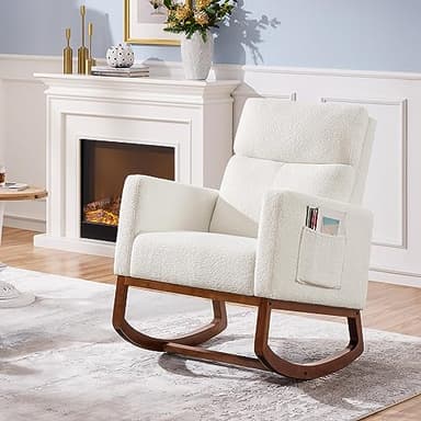 Yaheetech Upholstered Rocking Chair, Boucle Glider Chair Nursery Chair with High Back and Side Pocket, Rocking Accent Armchair with Rubber Wood Legs for Living Room/Bedroom/Nursery, Ivory - Image 3