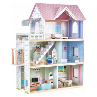Giant bean Large Pink Wooden Dollhouse with Furniture for Girls with Doorbell, Light,Elevator, 6 Rooms 2.6ft High,15 Pcs Furniture & 3 Dolls, Kids Playhouse Toy for Girls 3-7+, 31.5" x 25" x 12.2" - Image 1