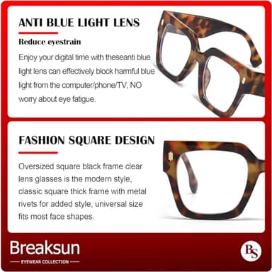 Breaksun Fashion Oversized Blue Light Blocking Glasses for Women Men Trendy Big Square Frame Computer Eyeglasses (Black+Tortoise) - Image 7