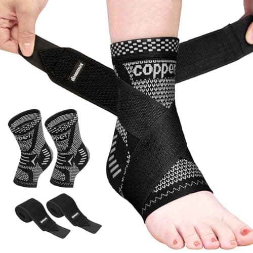 INDEEMAX Ankle Brace for Sprained Ankle Compression Sleeve, Copper Infused Ankle Support Brace for Women & Men, Plantar Fasciitis Relief Achilles Tendonitis, Sports Running, Silver Black, S - Image 1