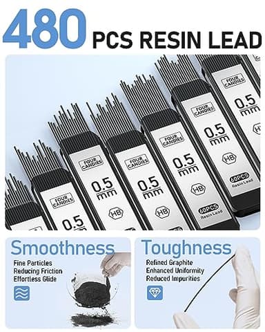 Four Candies 0.5mm Mechanical Pencil Set with Case - 4PCS Metal Mechanical Pencils, 8 Tubes HB #2 Lead Refills, 3PCS 4B Erasers and 9PCS Eraser Refills, Lead Mechanical Pencils for Writing & Drawing - Image 4