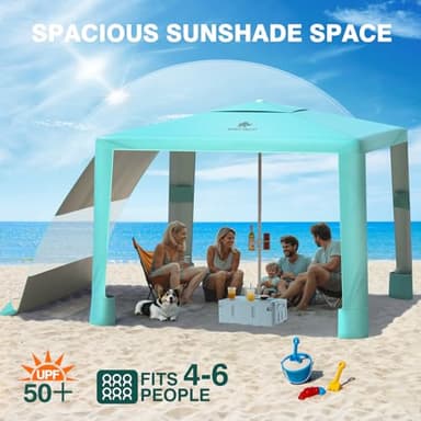 Rhino Valley Beach Cabana, 8*8FT Beach Tent UPF50+ Protection, Easy Setup Beach Canopy Wind Resistant with Cup Holder, Compact Beach Shade Foldable Beach Tent Sun Shelter for Whole Family Friend,Green - Image 3
