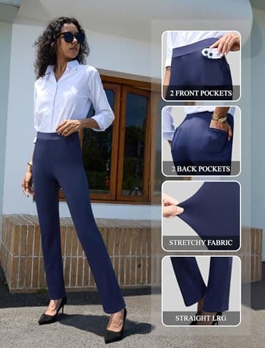 keriffe Women's Stretchy Yoga Dress Pants High Waisted Straight Leg Casual Work Business Office Slacks 4 Pockets Navy Blue - Image 4