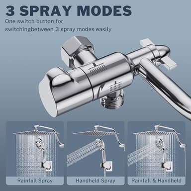 Cenosa All Metal Rain Shower Head 12 Inch High Pressure Shower Head with Handheld Spray Combo with Adjustable Shower Extension Arm, 7-Spray, 3-Way Dual Shower Head Chrome - Image 2