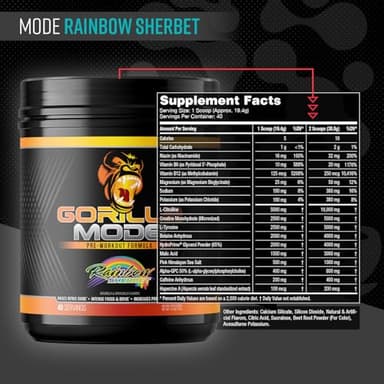 Gorilla Mode Pre Workout - Massive Pumps · Laser Focus · Energy · Power - L-Citrulline, Creatine, L-Tyrosine, Betaine, Hydroprime®, Alpha-GPC, 400mg Caffeine, Huperzine A - 776g (Rainbow Sherbet) - Image 2