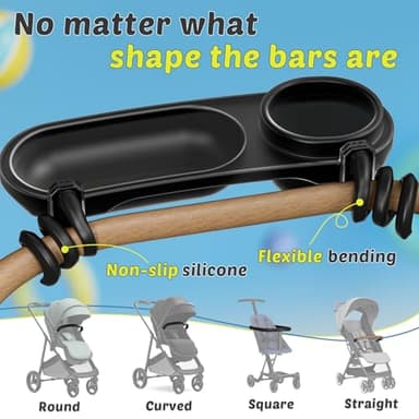 Universal Snack Tray for Stroller, Cup Holder Tray with Flexible Silicone Arm Gripper, Stays in Place Tray Attachment for Toddler & Kids, Snacking On The Go, Stroller Travel Accessories, Universal Fit - Image 2