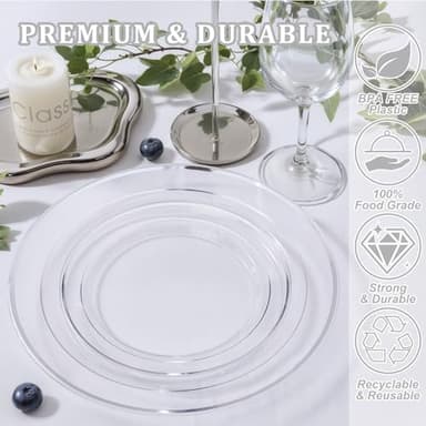 I00000 100PCS Clear Silver Plastic Plates, Clear Plates with Silver Rim, 10 Inch Dinner Plates Premium Party Supply for Wedding Birthdays Party - Image 4