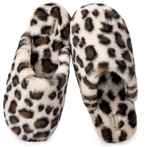 Snug Leaves Women's Fuzzy Scuff Slippers Soft Comfy Memory Foam Non-slip Indoor House Shoes (Cheetah Beige, Size 7-8) - Image 1