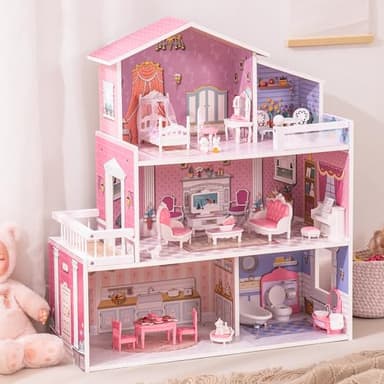 ROBUD Wooden Dollhouse Playset, 3 Stories, 5 Rooms, 24 PCS Furniture, Pretend Play Toys Gift for Kids Toddlers Girls - Image 1