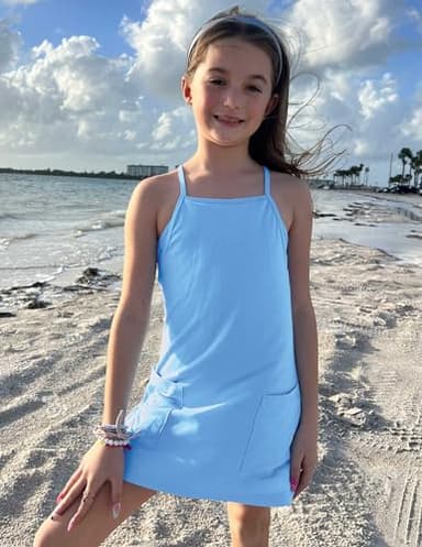 Arshiner Girls Dress with Shorts Casual Summer Spaghetti Straps One Piece Romper Dresses with Pockets for Kid 5-15 Y Light Blue - Image 9