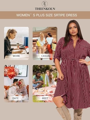 Theenkoln Womens Plus Size Button Dress Collared V Neck 3/4 Sleeve Casual Striped Print Drawstring Midi Fall Dresses with Pocket Burgundy - Image 5