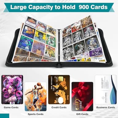 Xrunmix Trading Card Binder, 900 Pockets Card Sleeves with Zipper Card Display, Double Sided Pocket Sports Card Holder, Carry Case for Sports/Game Card(Black) (900 Pockets) - Image 4