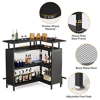 Tribesigns Home Bar Unit, L-Shaped Bar Table with Stemware Racks and 2-Tier Shelves, Corner Mini Coffee Liquor Cabinet with Footrest for Home/Kitchen/Pub, Black - Image 7