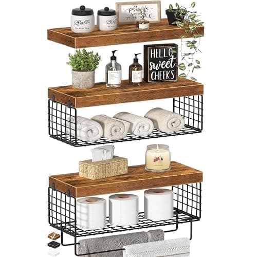 KLUVIS Bathroom Floating Shelves Over Toilet - Shelf Above Toilet Storage Small Farmhouse Decor Shelves (15.7 inch, Set of 3, Rustic Brown) - Image 1
