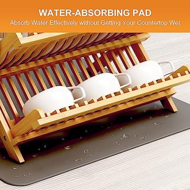 Greenual Bamboo Dish Drying Rack with Utensil Holder, 3 Tier Collapsible Dish Rack, Wooden Dish Racks for Kitchen Counter, Large Folding Drying Holder with Absorbent Dish Drying Mat - Image 6