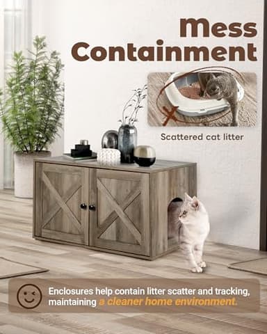 Upolana Cat Litter Box Enclosure, 32 inch Hidden Litter Box Furniture with Divider, Wooden Kitty Litter Box Cabinet End Side Table, Greige - Image 5