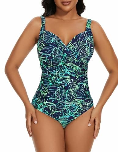 Aqua Regina Plus Size Swimsuit for Women One Piece Bathing Suit Ruched Tummy Control Adjustable Swimwear(G/Tropical Leaf,L) - Image 1