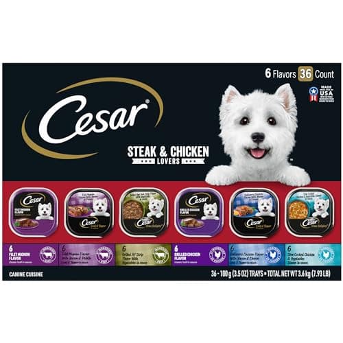 Cesar Wet Dog Food Classic Loaf in Sauce, Steak and Chicken Lovers Variety Pack with Real Meat or Real Chicken, 3.5 oz. Easy Peel Trays (36 Count, Pack of 1) - Image 1