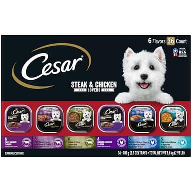 Cesar Wet Dog Food Classic Loaf in Sauce, Steak and Chicken Lovers Variety Pack with Real Meat or Real Chicken, 3.5 oz. Easy Peel Trays (36 Count, Pack of 1) - Image 1
