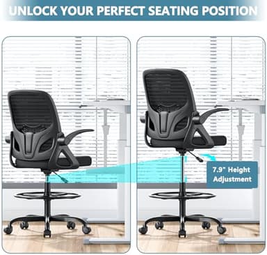 Kensaker Tall Drafting Chair with Footrest Ring for Home and Work, Ergonomic Home Desk Office Chair with Flip up Arms and Lumbar Support, Extended Height Executive Desk Office(Black) - Image 5