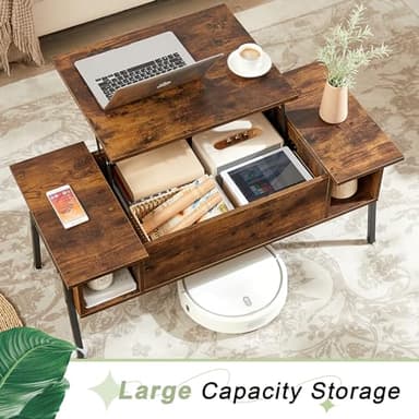 VECELO Wood Lift Top Coffee Table with Hidden Compartment and Storage Shelf for Living Room/Office Reception, Rising Tabletop, Brown - Image 3