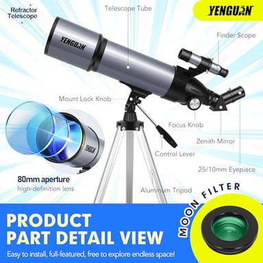 Telescope for Adults & Kids 80mm Aperture 600mm, Telescope for Adults High Powered, Beginners in Astronomy to See Planet, with Phone Adapter and Moon Filter, Carry Bag, Gray - Image 6
