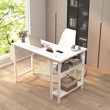 Lufeiya White L Shaped Computer Desk with Power Outlet Shelves, 40 Inch Small Reversible Corner Desk for Small Space Home Office, L-Shaped Desk PC Desks, White - Image 4