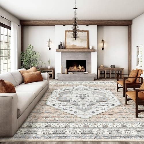 Area Rugs for Living Rooms - 8x10, Boho Non-Slip Low Pile Carpet Machine Washable Rugs for Bedroom, Farmhouse, Office, Dining Room (Peach) - Image 1