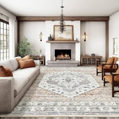 Area Rugs for Living Rooms - 8x10, Boho Non-Slip Low Pile Carpet Machine Washable Rugs for Bedroom, Farmhouse, Office, Dining Room (Peach) - Image 1