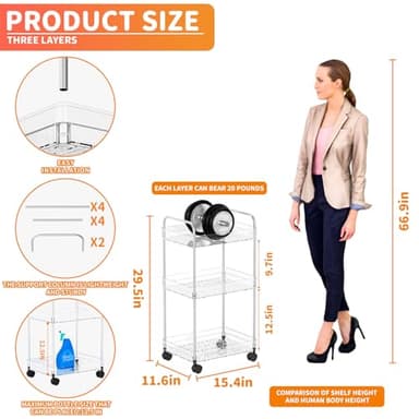 Yieach 3 Tiered Rolling Utility Cart on Wheels with Handle,Modern Design Storage Cart for Bedside,Nursery,Snack,Nail,Book,Diaper Caddy,Lash Cart Organizer,Detergent Stand for Laundry Room,Bathroom - Image 3