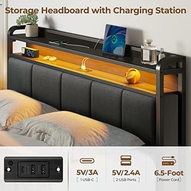 Rolanstar Queen Bed Frame with LED Lights, Upholstered Headboard, Charging Station, Storage Shelves, Heavy Duty Metal Slats, No Box Spring Needed, Noise Free, Easy Assembly, Dark Grey - Image 4
