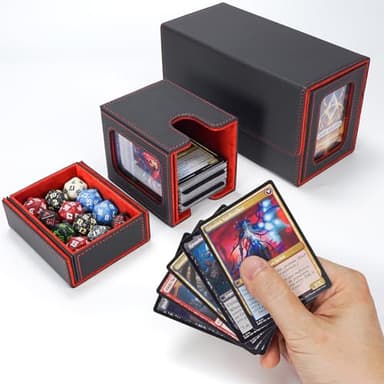 AFIING Mtg deck box with commander display- Fits 200 Double Sleeved Cards,3-in-1Card Deck Case,Strong Magnet Card Organizer For Magic Commander TCG CCG,4Dividers &2 Toploaders, Black/Red - Image 7