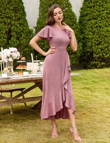 BeryLove Women Sequin Formal Party Dress Flutter Short Sleeve Wedding Guest Cocktail Long Evening Dresses BLS007 Blush XL - Image 4