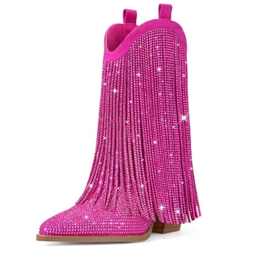 Ouepiano Cowboy Boots for Women - Pink Cowgirl Rhinestone Boots with Sparkly Fringe Pointed Toe Western Boot Chunky Heel Pull-On Wide Calf Botas Vaqueras Size 7.5 - Image 1