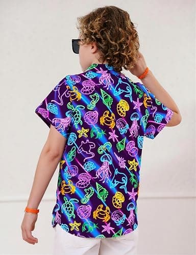 Enlifety Toddler Neon Shirts 3T 4T Boys Glow Party Jellyfish Starfish Turtle Seahorse Button Down Shirt Short Sleeve Ocean Dolphin Crab Blouse Summer School Casual Tops - Image 4