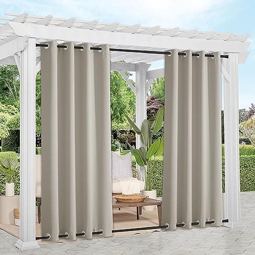 NICETOWN 2 Panels Outdoor Curtains for Patio Waterproof 108 inches Long, Windproof Thermal Insulated Top & Bottom Grommet Blackout Outdoor Drapes Cold & Heat Blocking for Porch, Natural, W52 x L108 - Image 1