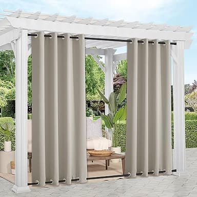 NICETOWN 2 Panels Outdoor Curtains for Patio Waterproof 108 inches Long, Windproof Thermal Insulated Top & Bottom Grommet Blackout Outdoor Drapes Cold & Heat Blocking for Porch, Natural, W52 x L108 - Image 1