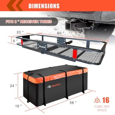 MeeFar Folding Hitch Mount Cargo Carrier Basket 60" X 20" X 6"+Waterproof Cargo Bag 16 Cubic Feet(58" 19" 24"),Hauling Weight Capacity of 500 Lbs and A Folding Arm.with Hitch Stabilizer,Net and Straps - Image 3
