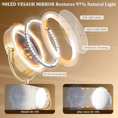 VESAUR 8.5'' Large Gold Lighted Makeup Mirror, 1X/10X Clear Seamless Magnifying Mirror, Bright Vanity Mirror with 3 Colors Dimmable Lights, Two-Sided 360°Rotation Stable Base, Luxury Nickel, Gift Box - Image 2