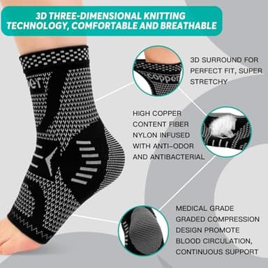 INDEEMAX Ankle Brace for Sprained Ankle Compression Sleeve, Copper Infused Ankle Support Brace for Women & Men, Plantar Fasciitis Relief Achilles Tendonitis, Sports Running, Silver Black, S - Image 3