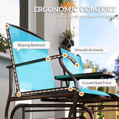 Outsunny Outdoor Glider Bench with Center Table, Metal Frame Patio Loveseat with Breathable Mesh Fabric and Armrests for Backyard Garden Porch, Blue - Image 8