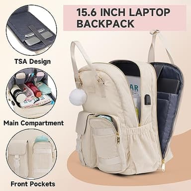 MATEIN School Backpack for Girls, 15.6 Inch Cute College Backpack Corduroy Computer Bookbag with USB Charging Port, TSA Lightweight Kawaii Travel Laptop Backpack Aesthetic for Teens Students, Beige - Image 2