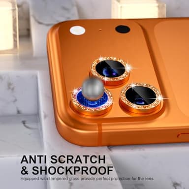 Choiche Compatible for iPhone 17 Pro/iPhone 17 Pro Max Camera Lens Protector Bling, 9H Tempered Glass Camera Cover Screen Protector Metal Ring Decoration Accessories (Glitter-Orange) - Image 4