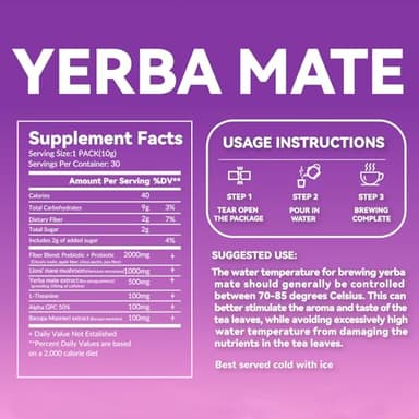 Yerba Mate Instant Tea Powder - Raspberry Peach Flavor - Gut Health & Clean Energy Super Drink with Nootropics, Prebiotics & Probiotics - Energy Boost & Focus - 30 Sticks (300g) - Image 2