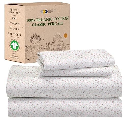 California Design Den King Floral Sheet Set, 100% Organic Cotton Percale Sheets, Deep Pocket King Sheets & Pillowcase Set - Floral - Image 1